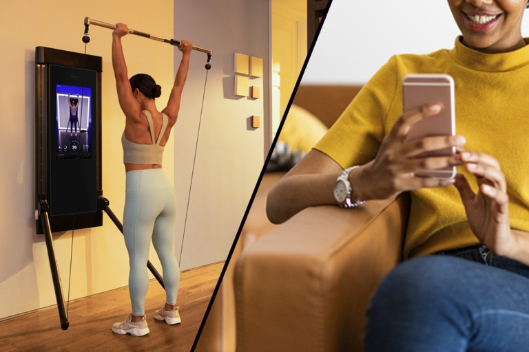 Woman working out on Tonal and using a smartphone to track her cycle